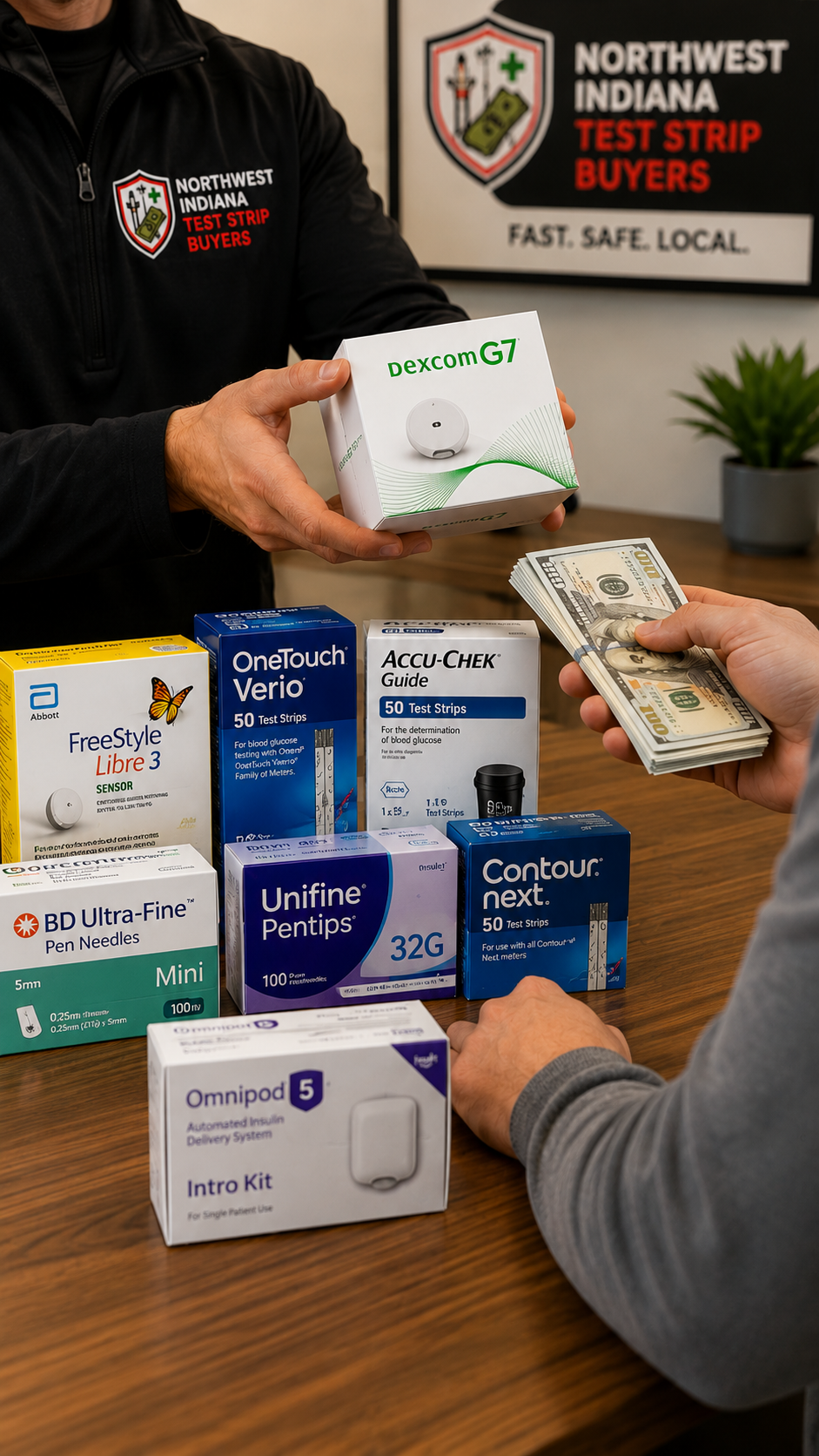 Professional local cash exchange for diabetic supplies showing Dexcom G7, FreeStyle Libre 3, OneTouch Verio, Accu-Chek Guide, Contour Next, Omnipod 5, BD Ultra-Fine pen needles, and Unifine Pentips during a safe in-person meetup with Northwest Indiana Test Strip Buyers.