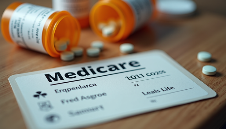 Eye-level view of a Medicare card and prescription bottles on a wooden table