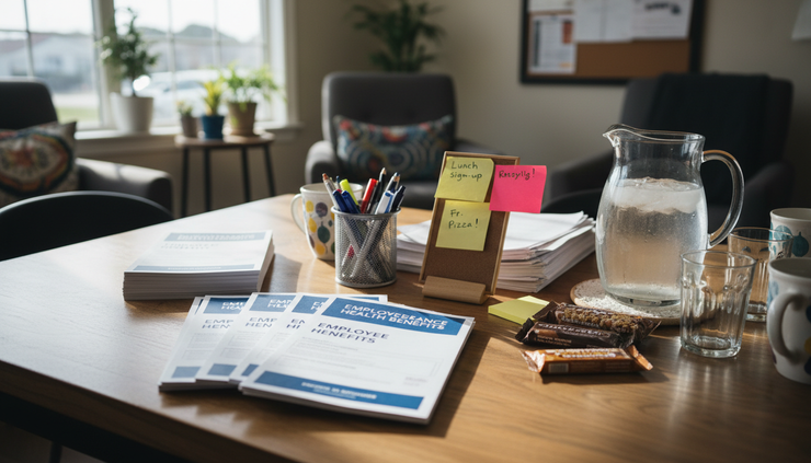 Wide-angle view of an employee breakroom table with printed health plan packets and snacks.