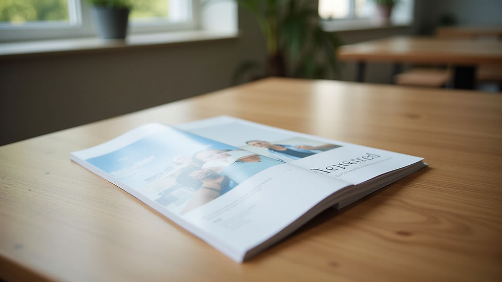 Eye-level view of a healthcare brochure on a wooden table
