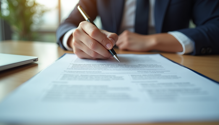 High angle view of a person reviewing car insurance policy documents with a pen