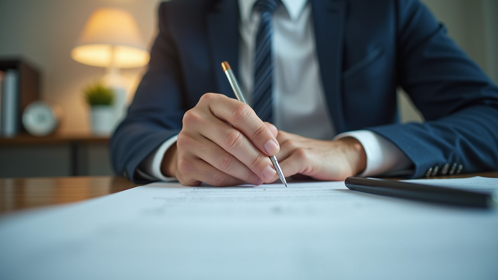Eye-level view of a business owner reviewing insurance documents at a desk