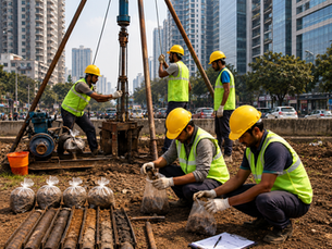 Soil testing and geotechnical investigation at construction site.