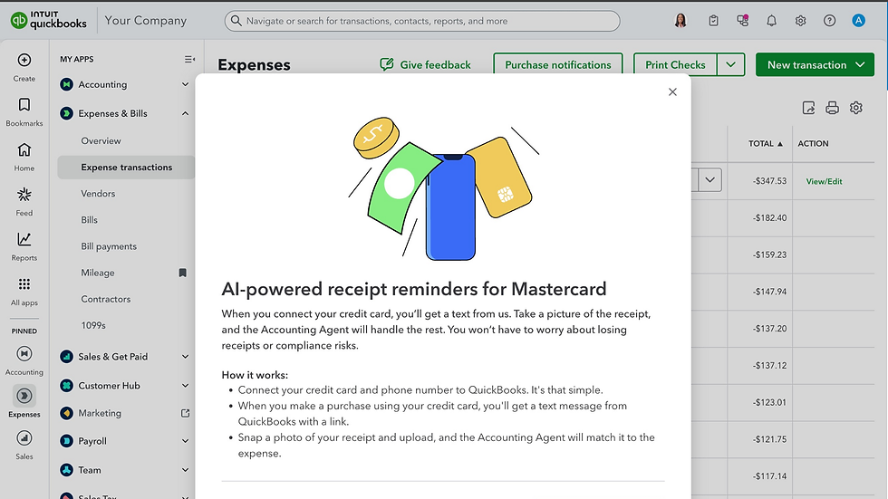 How to set up AI powered receipt reminders for Mastercard (QuickBooks Online screenshot December 2025)