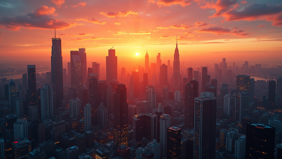 Eye-level view of a vibrant city skyline at sunset