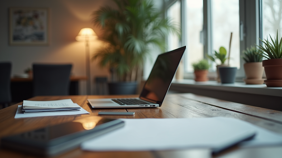 Eye-level view of a modern workspace with a laptop and creative tools