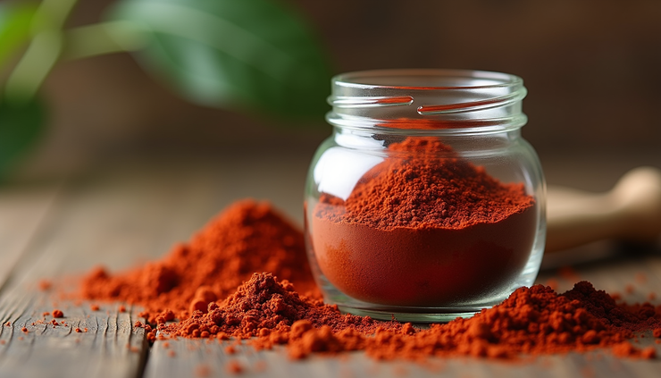 Close-up view of Red Bali kratom powder in a glass jar
