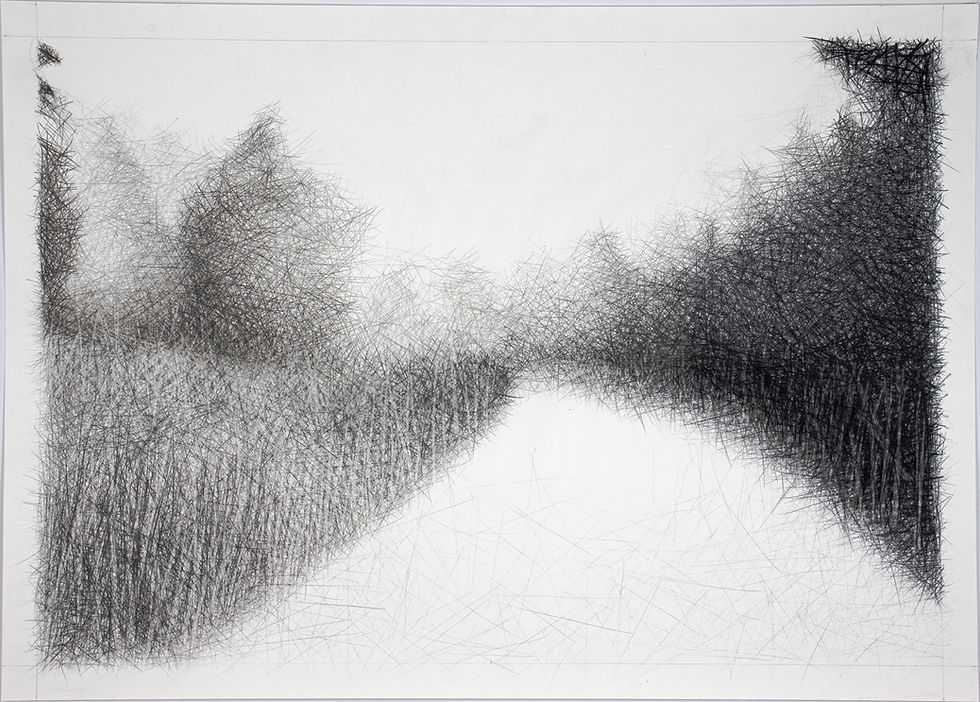 Abstract graphite and charcoal drawing, by Douglas Gilbert, of dense intersecting lines forming two dark masses on either side, with a lighter central space suggesting depth or passage.