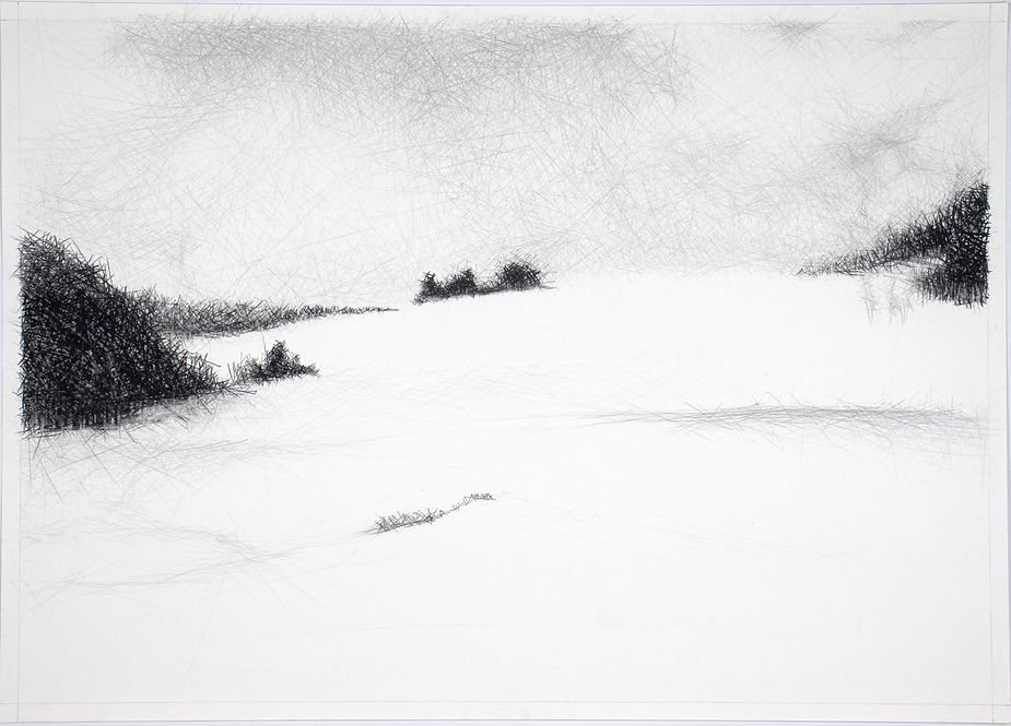 Abstract graphite and charcoal drawing, by Douglas Gilbert,  of layered lines forming dense edges and a lighter central area that recedes into space.