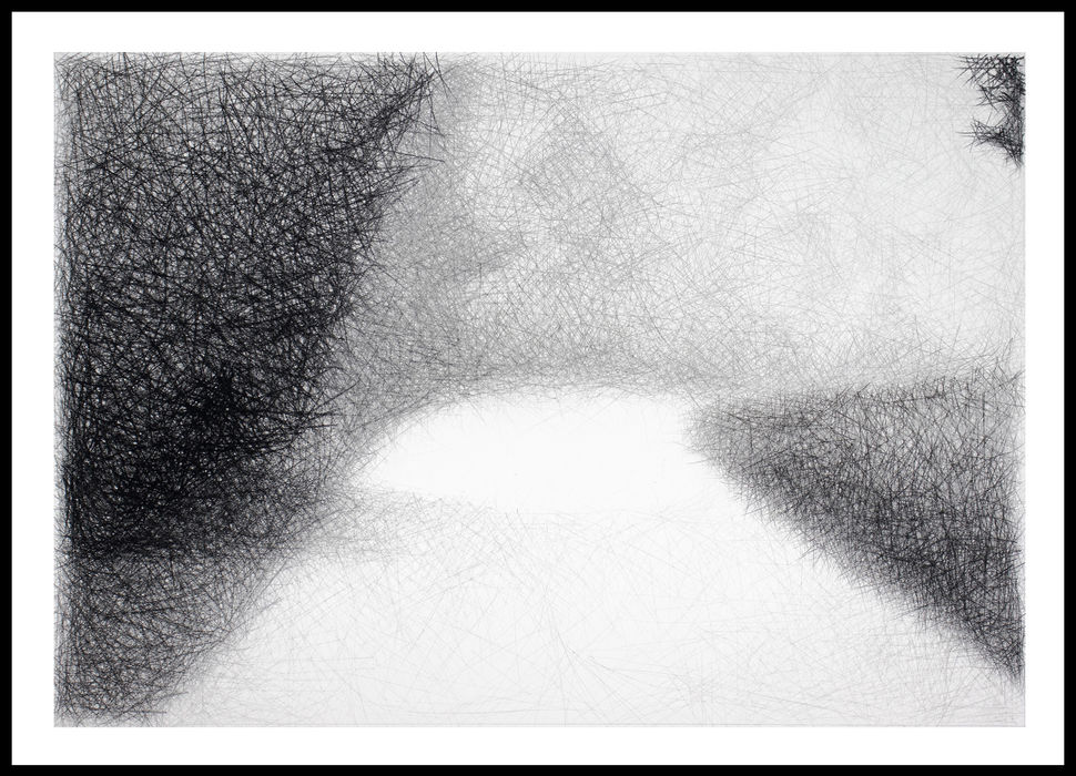 An abstract pencil and charcoal drawing by Douglas Gilbert suggesting a path, bordered on one side by a thick, dark, bush-like made from accumulated lines, and on the other side suggests a patch of field with a hint of small foliage on the top right. Background depicts hints of a forest in greyscale.