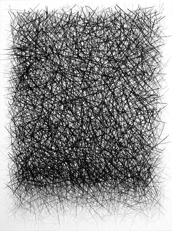 Abstract graphite and charcoal drawing, by Douglas Gilbert, composed of a dense field of intersecting black lines forming a dark central mass on white paper.