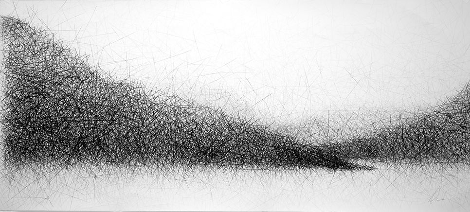 abstract Graphite and drawingdrawing, by Douglas Gilbert, of a horizontal landscape form built from dense intersecting lines that gradually fade into lighter marks.
