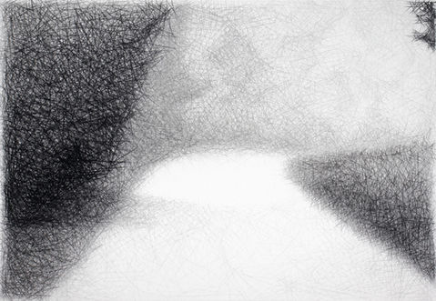 abstract drawing by Douglas Gilbert of a white space suggesting a landscape showing patches of forest or mountains.