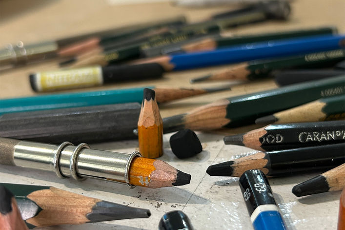 closeup of used up pencils at Douglas Gilbert's studio.