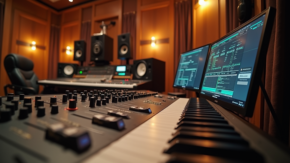 Eye-level view of a modern recording studio with sound equipment