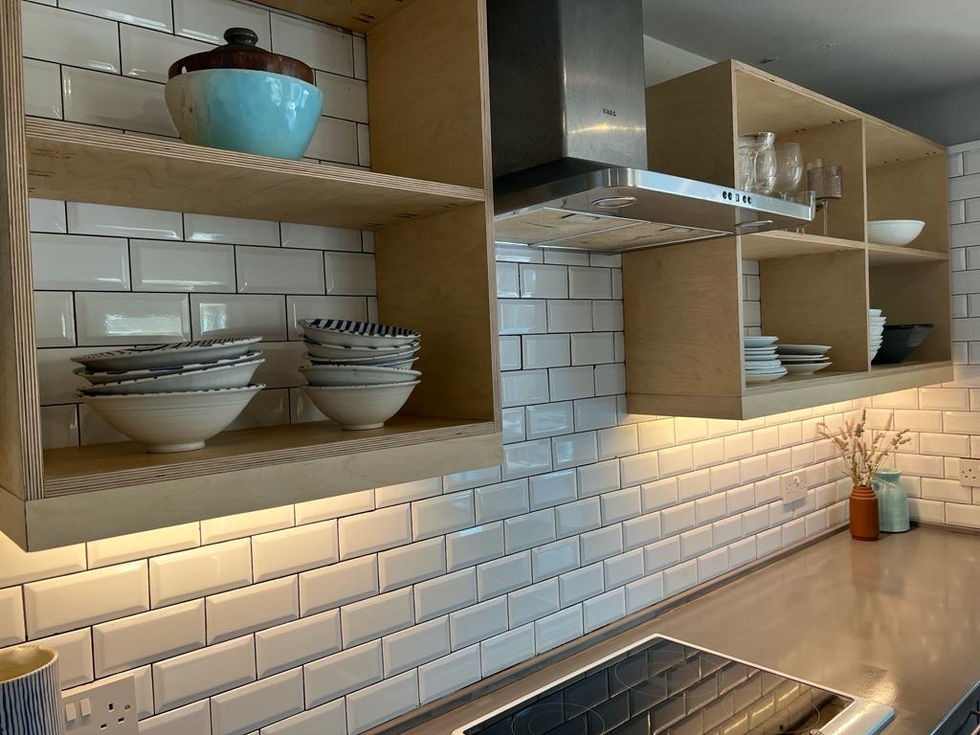 Custom kitchen designed and built by Valchromatic made from grey valchromat and plywood, with ample storage, and worktop space, and shelving