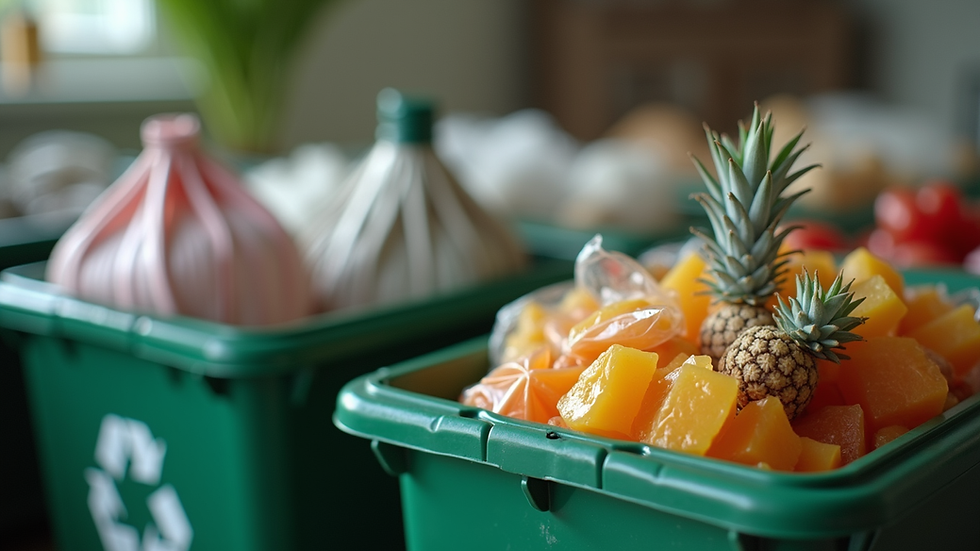 Close-up view of separated recyclable materials in household bins