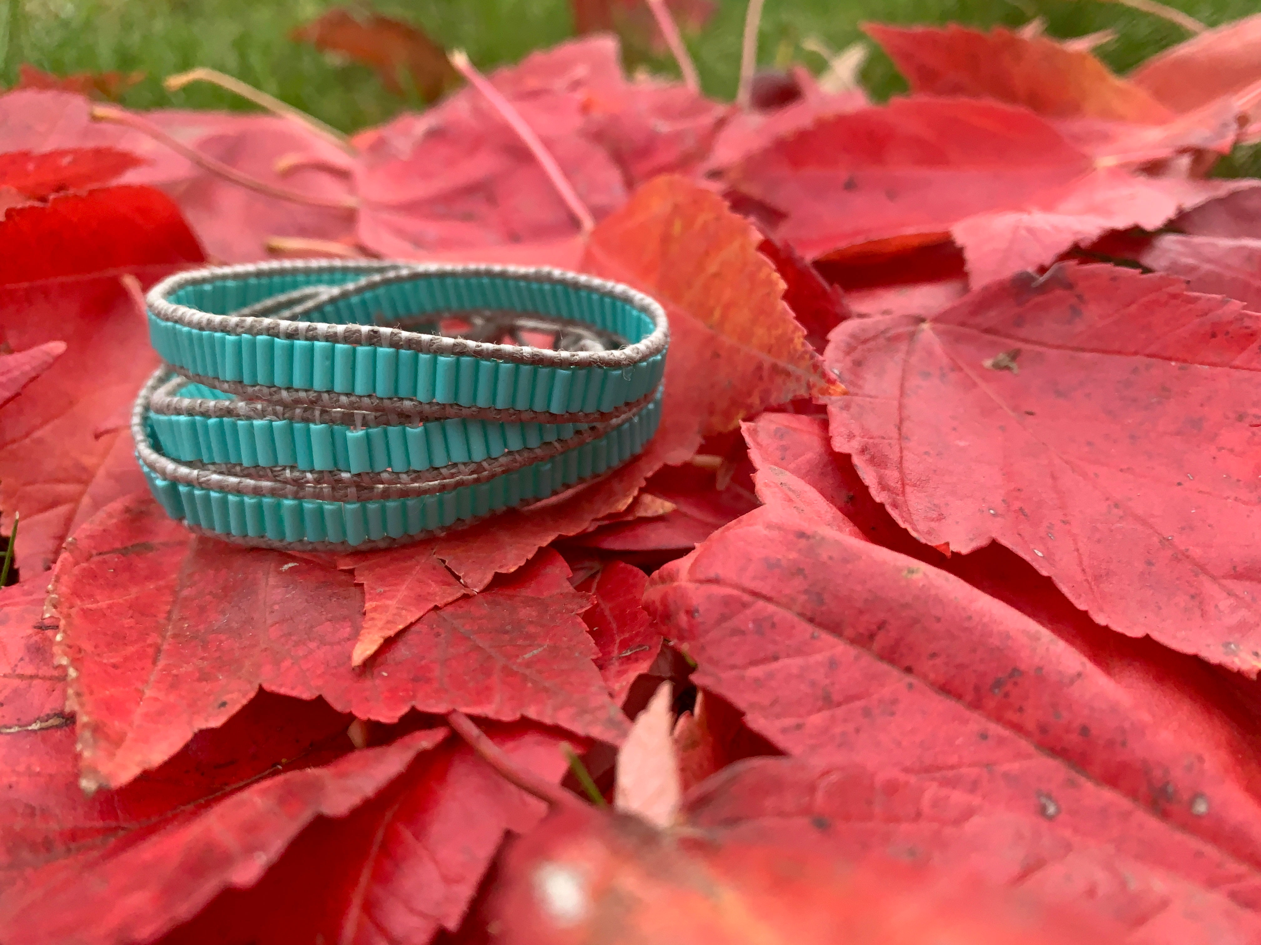 Hand Beaded Wrap Bracelet; Grey & Turquoise