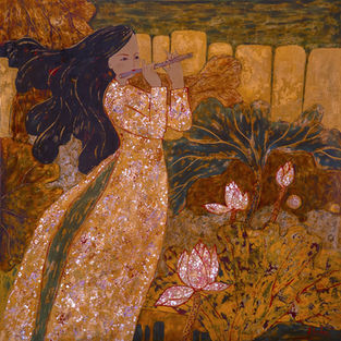 Cô gái thổi sáo bên ao sen, tranh sơn mài của Nguyễn ĐÌnh Long.