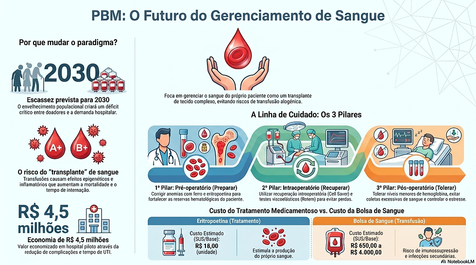 Infográfico intitulado 'PBM: O Futuro do Gerenciamento de Sangue'. O gráfico justifica a mudança de paradigma devido à escassez prevista para 2030, aos riscos da transfusão de sangue e à economia de R$ 4,5 milhões. Apresenta a linha de cuidado em 3 pilares: Pré-operatório (Preparar), Intraoperatório (Recuperar) e Pós-operatório (Tolerar). Na base, compara o custo e os benefícios da Eritropoetina (R$ 18,00) contra os altos custos e riscos de imunossupressão da bolsa de sangue.