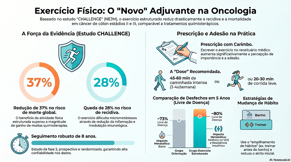Infográfico intitulado 'Exercício Físico: O "Novo" Adjuvante na Oncologia', detalhando dados do estudo CHALLENGE (NEJM) que comprovam que o exercício reduz em 37% o risco de morte global e em 28% o risco de recidiva do câncer, superando e complementando tratamentos de quimioterapia tradicionais através de prescrição médica com carimbo, definição de doses de treino e estratégias de empilhamento de hábitos.