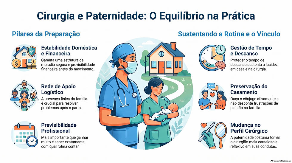 Infográfico sobre conciliar cirurgia e paternidade: pilares de preparação e o que sustenta a rotina e o vínculo com os filhos.