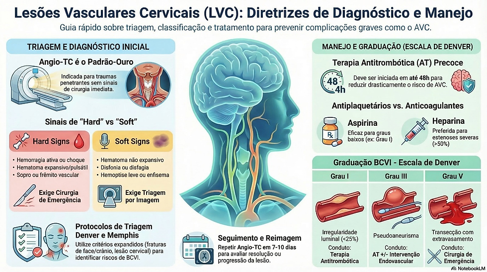 Guia rápido sobre Lesões Vasculares Cervicais (LVC) com diretrizes de diagnóstico e manejo. Destaca a Angiotomografia (Angio-TC) como padrão-ouro e diferencia sinais clínicos de 'Hard' (emergência cirúrgica) versus 'Soft' (triagem por imagem). Explica a Escala de Denver para graduação de BCVI (Graus I, III e V) e recomenda o início precoce da Terapia Antitrombótica (AT) em até 48 horas para prevenir AVC, comparando o uso de Aspirina e Heparina.