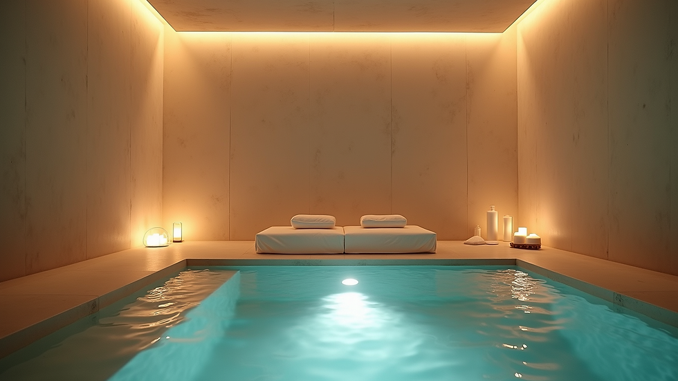 Vue en plongée d’un espace de massage familial avec coussins et bougies