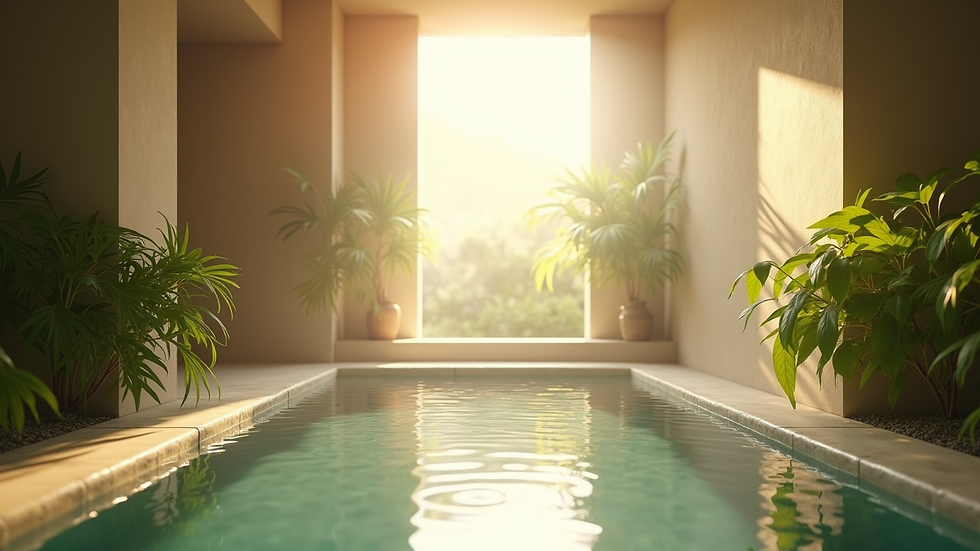 Vue en plongée d’un espace de massage zen avec lumière tamisée et plantes vertes