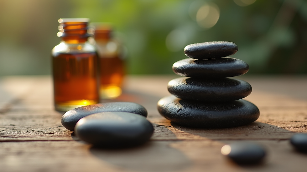 Close-up view of smooth stones and essential oils used in massage therapy