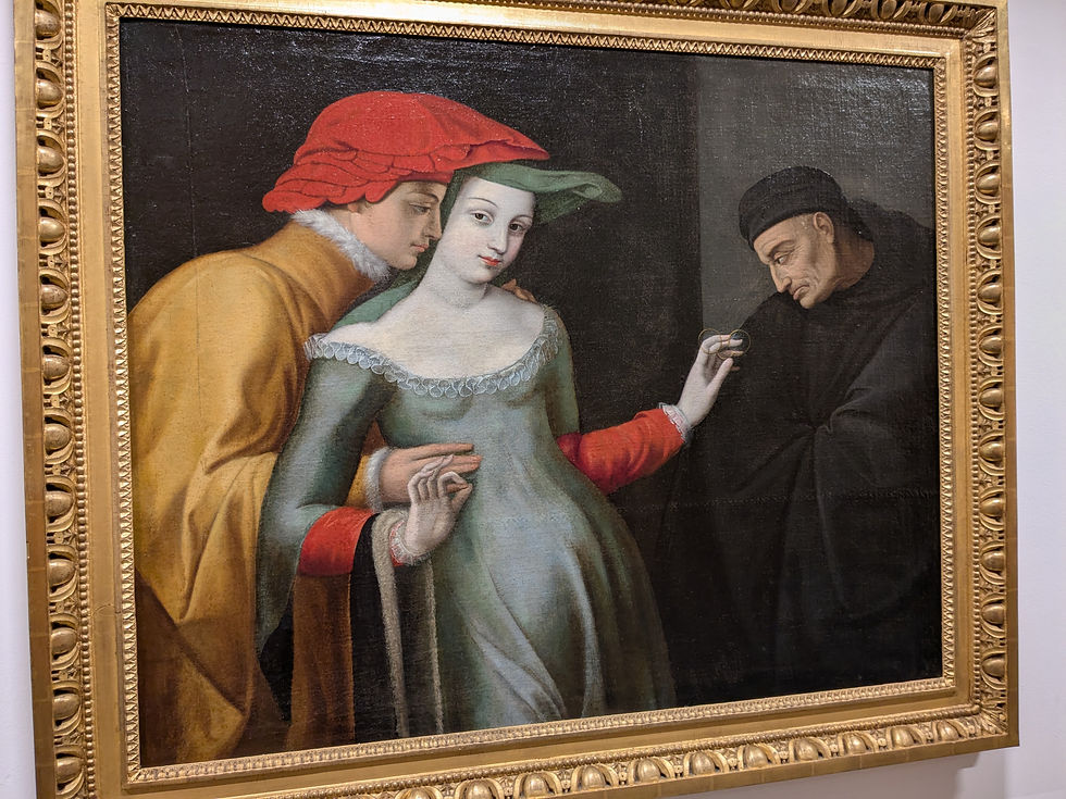 A painting showing a young woman in the center, looking at the viewer. She is wearing sheer green dress. A young man at her left holds her with two hands. An older man to the right is wearing all black and slightly hunched over. The woman is handing a pair of glasses to the older man and holding circled fingers around the younger man's pinky finger.