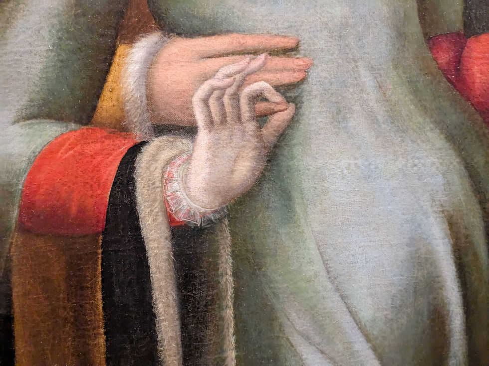 Close up of a painting showing a hand resting on a woman's hip, palm down and a smaller hand with pointer and thumb together forming a circle. The circle is around the other hand's pinky finger.