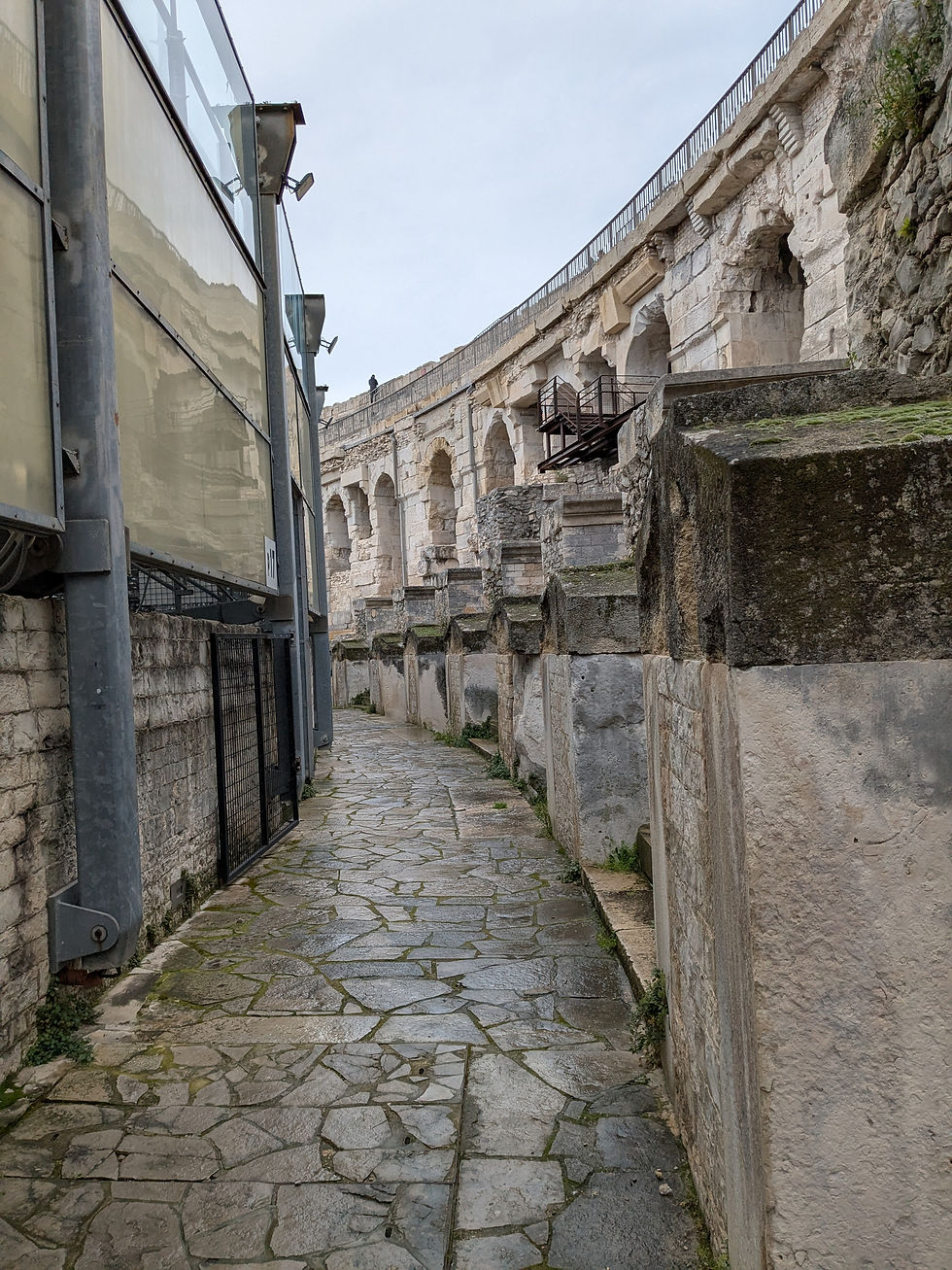 An aisle in a Roman arena. It is all stone with arched passages.
