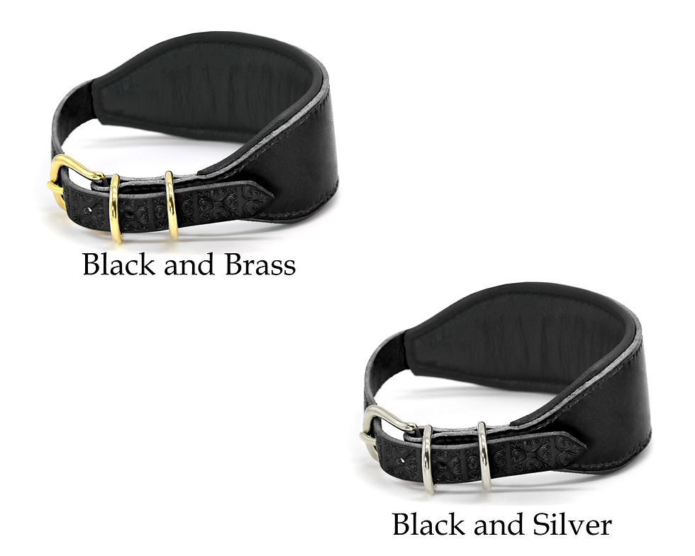 Thumbnail: Padded Black Leather Hound Collar with Tooled Strap
