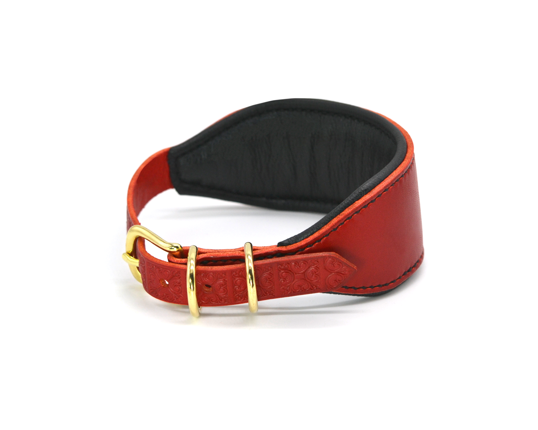 Padded Black Leather Hound Collar with Tooled Strap