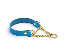 Blue Leather Martingale with Brass Chain
