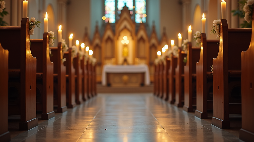 Eye-level view of a serene church altar adorned with candles and flowers