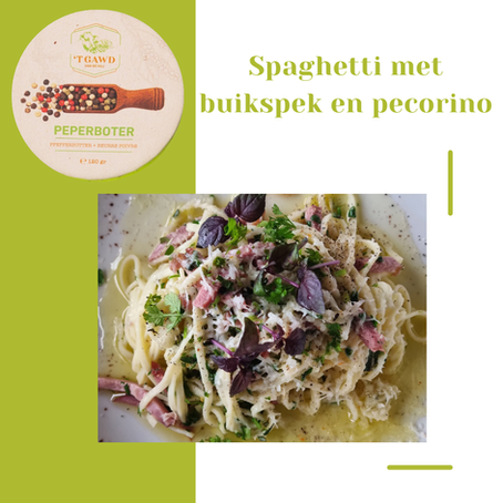 Recept: Spaghetti met buikspek en pecorino – bereid met peperboter van ’t Gawd van de Kuj