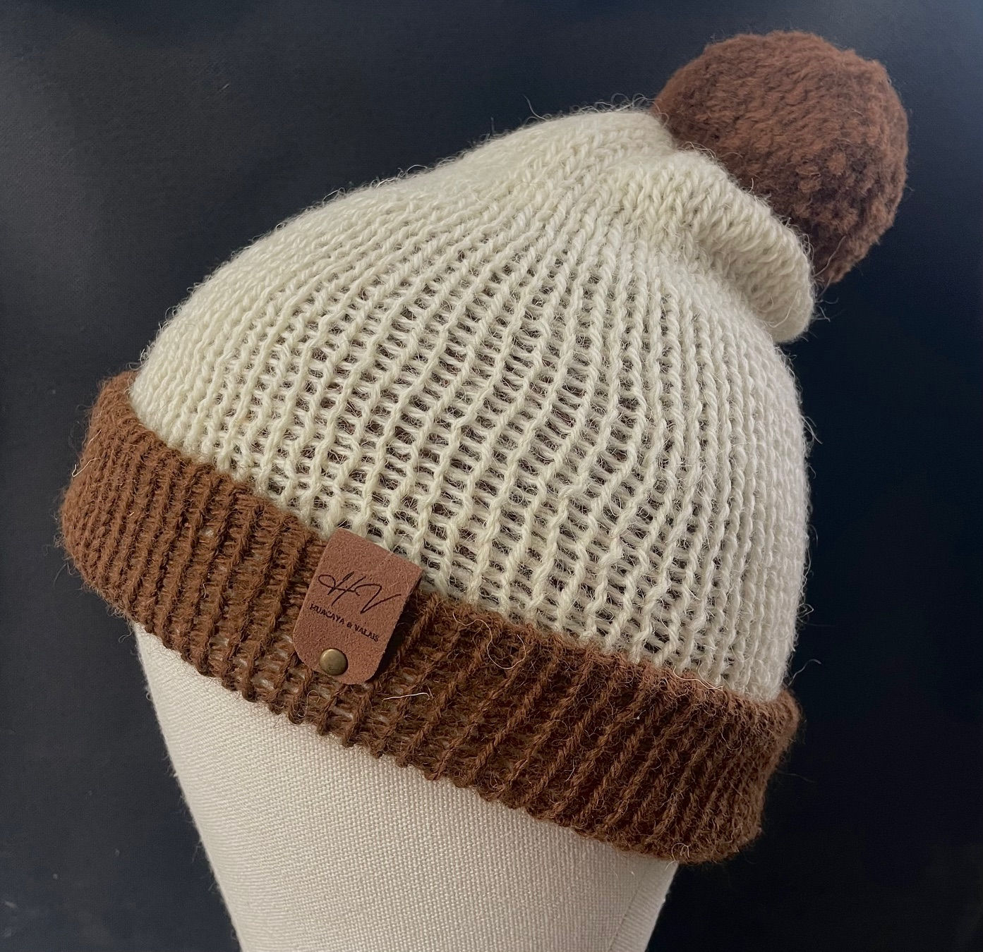 Huacaya and Valais duo Pom chocolate beanie