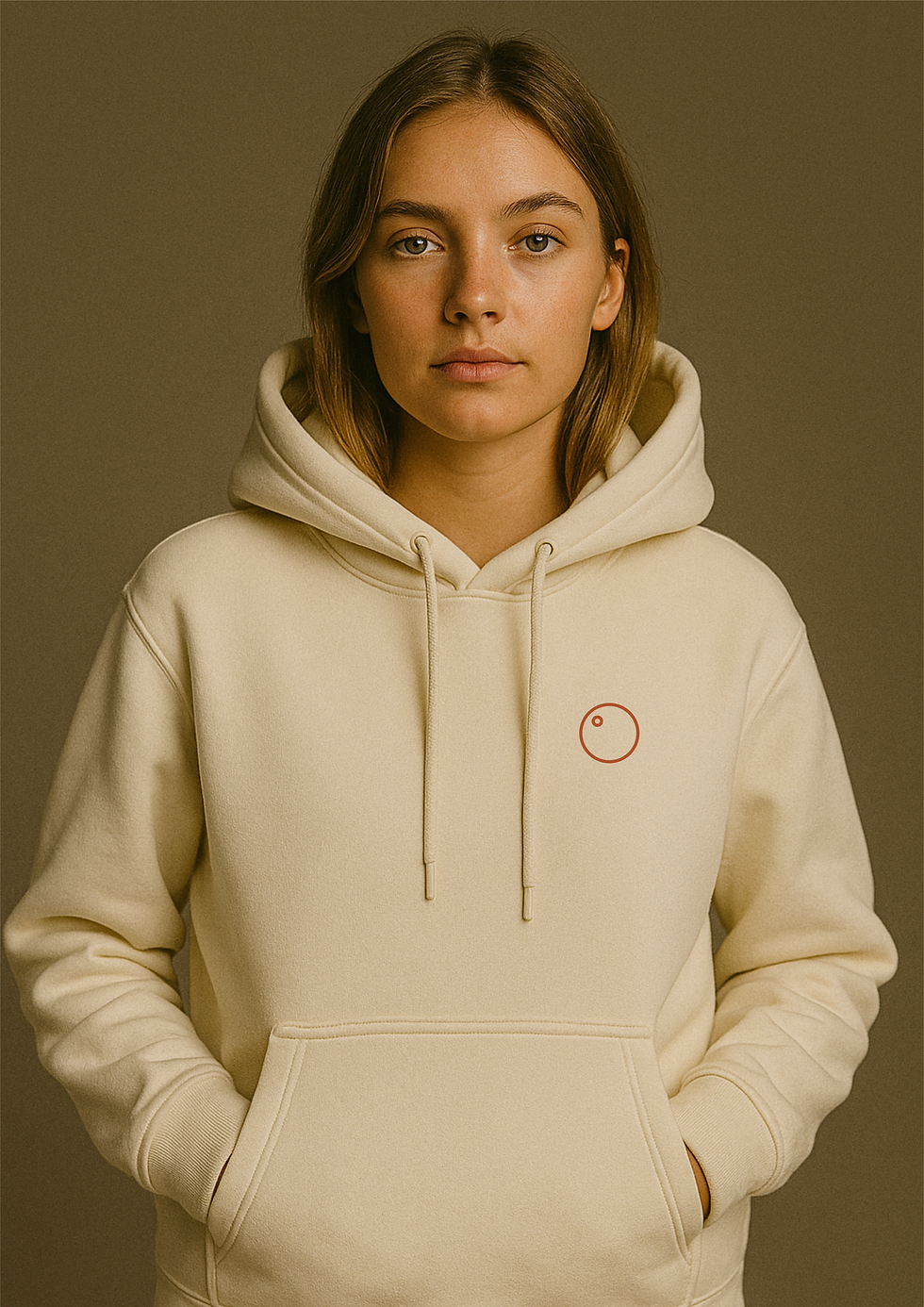 A female model wearing a Melon Hoodie starting into the camera.