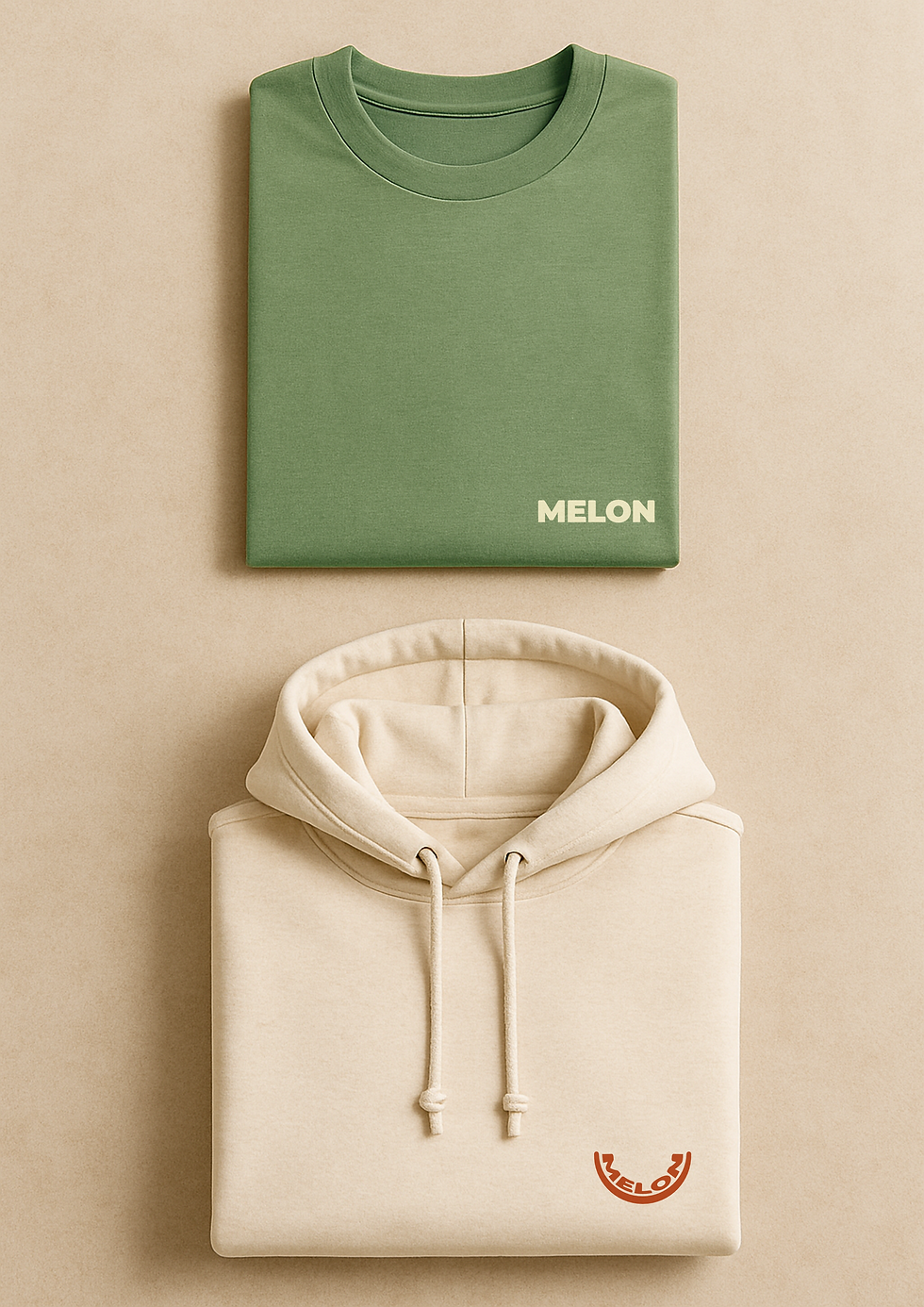 A flat lay of a Melon Tee in a sage green and a Melon Hoodie in natural colour.