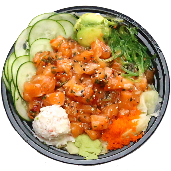 Poke bowl with salmon cucumber seaweed and avocado