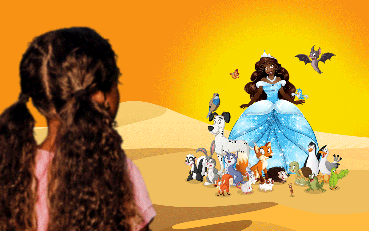 Gif of a Child of Colour looking at a Black Disney princess surrounded by several animals