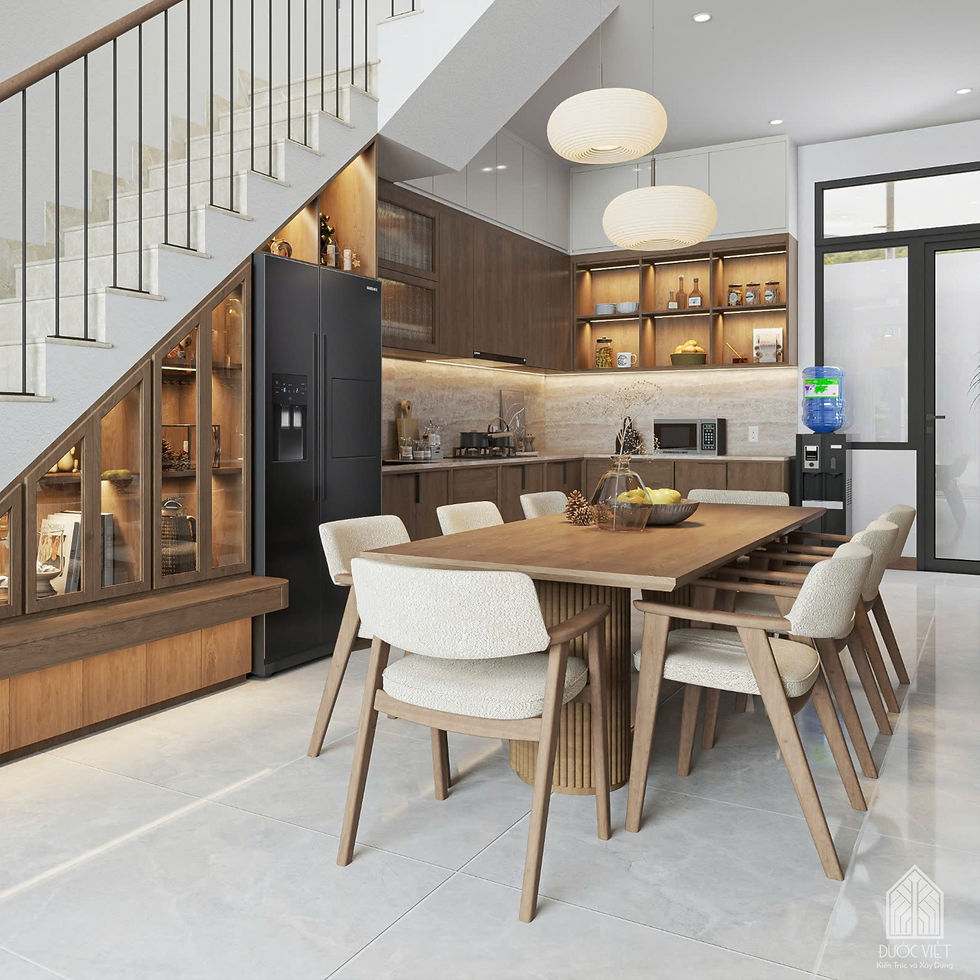 Căn bếp mang phong cách hiện đại với chất liệu gỗ tạo cảm giác ấm cúng, tinh tế nhưng vẫn đầy đủ tiện nghi do Đước Việt thiết kế và thi công.