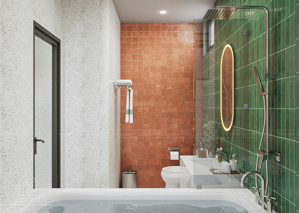 Tường phòng tắm ốp gạch Mosaic có họa tiết tạo điểm nhấn.