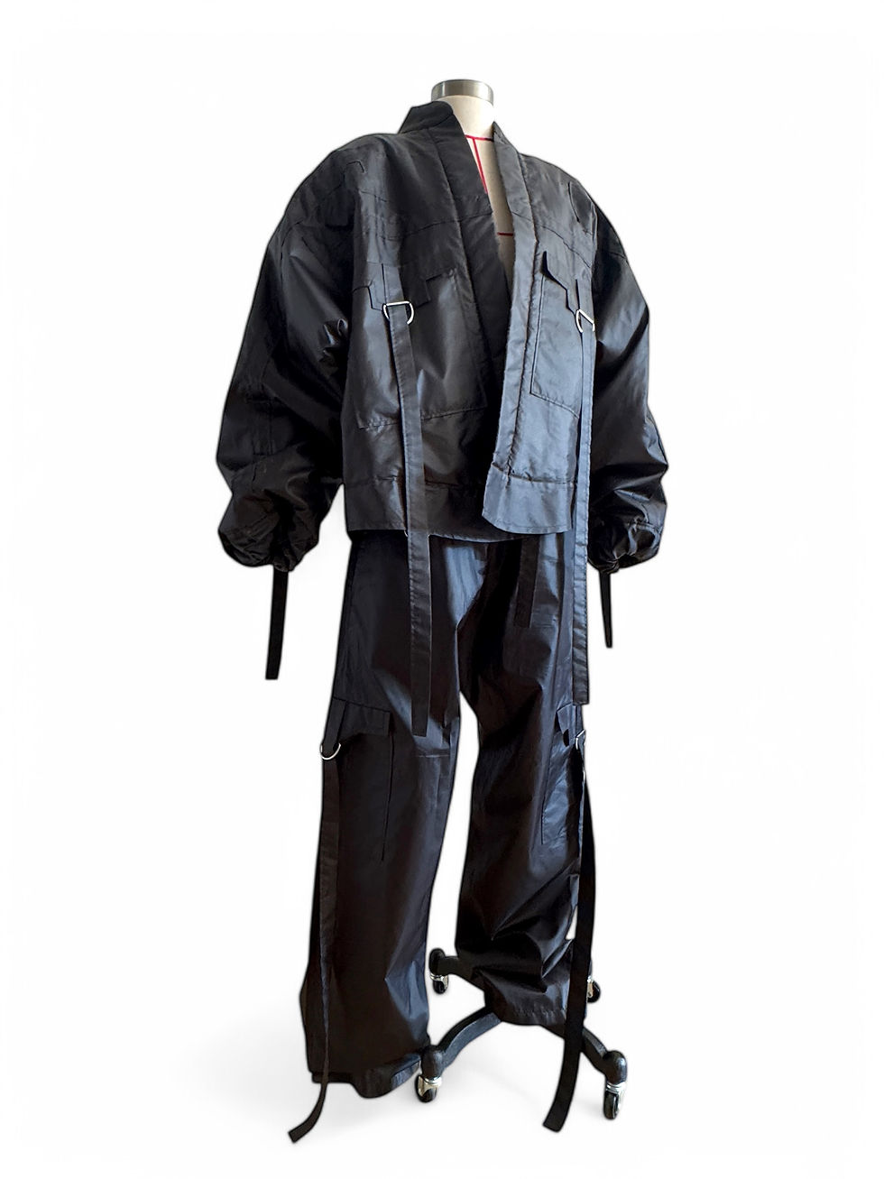 Avant-garde London couture trousers with panel detailing.