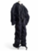 Black padded couture hoodie with sculptural panel construction displayed in studio.