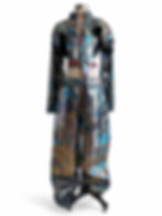 Avant-garde London couture trousers with metallic blue patterned fabric.