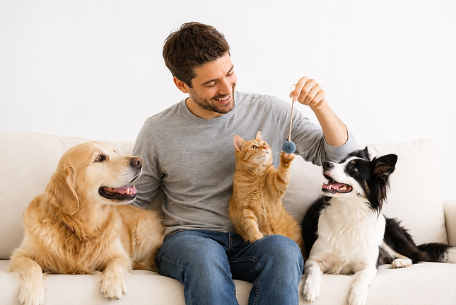 Man surrounded by his pets