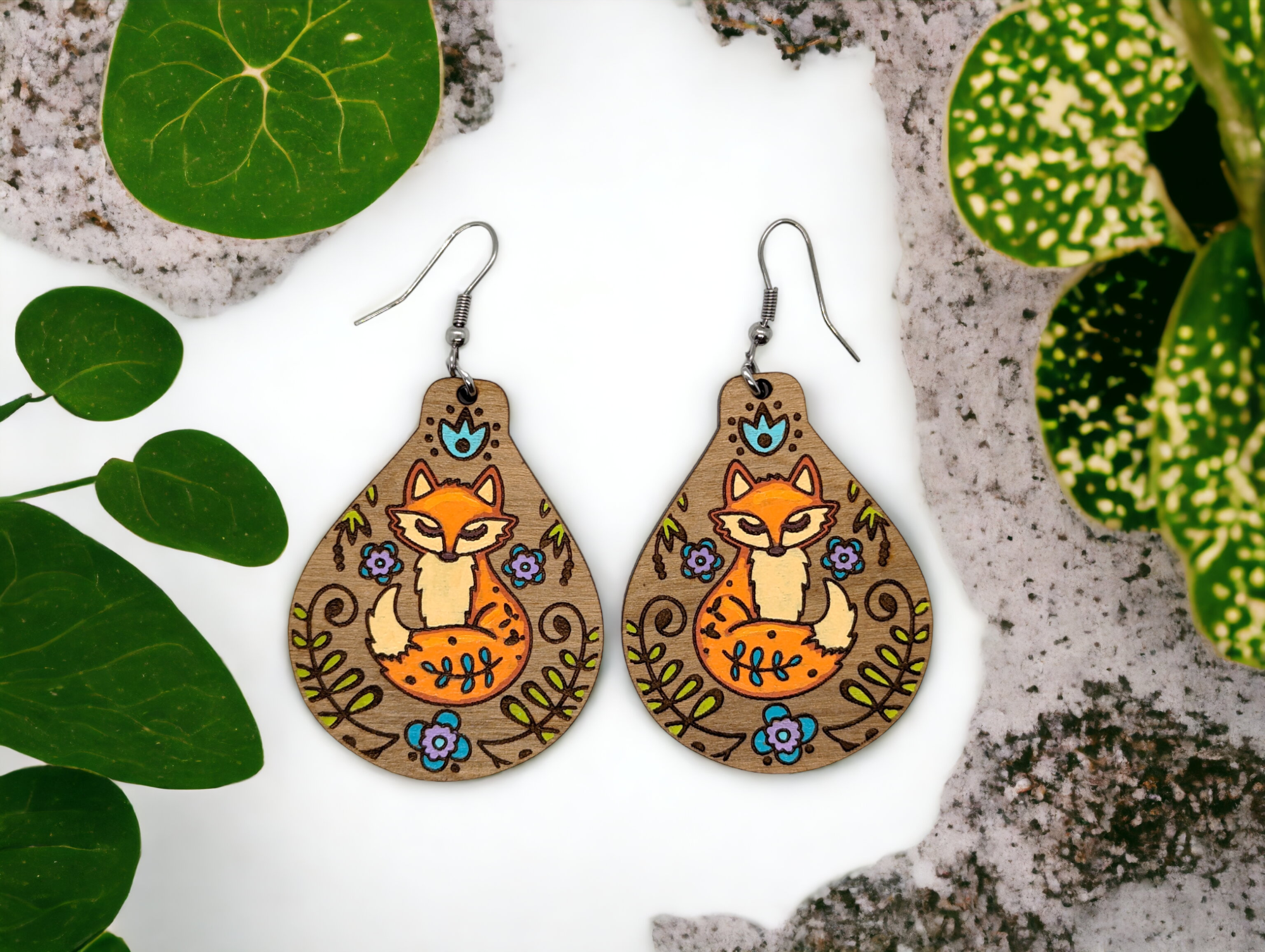 Fox Folk Art Earrings